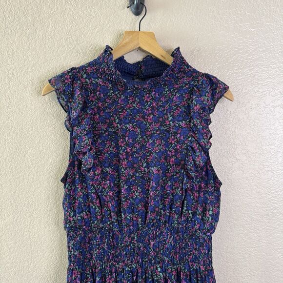 Lulus Evalina Midi Dress Womens Large Navy Blue Floral Smocked Ruffles Flowy - Picture 2 of 15